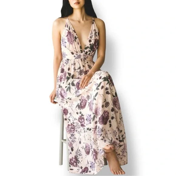 4/$20 SHEIN VCAY Apricot Floral Plunging Neck Crisscross Backless Maxi Dress Lrg - Picture 3 of 6